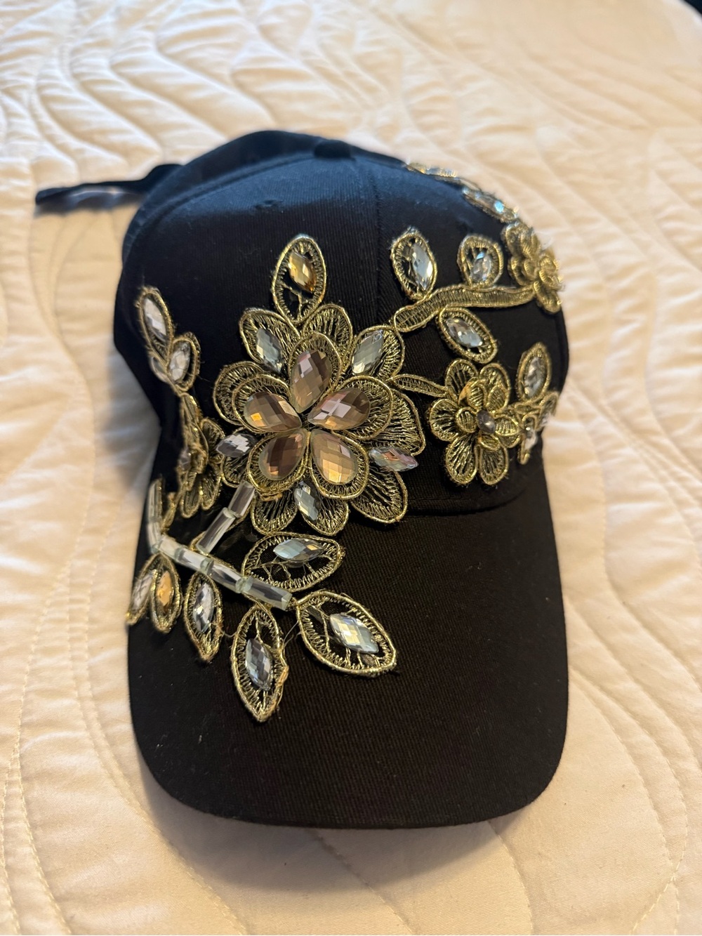 Black Embellished Floral Baseball Cap with Gold Trim